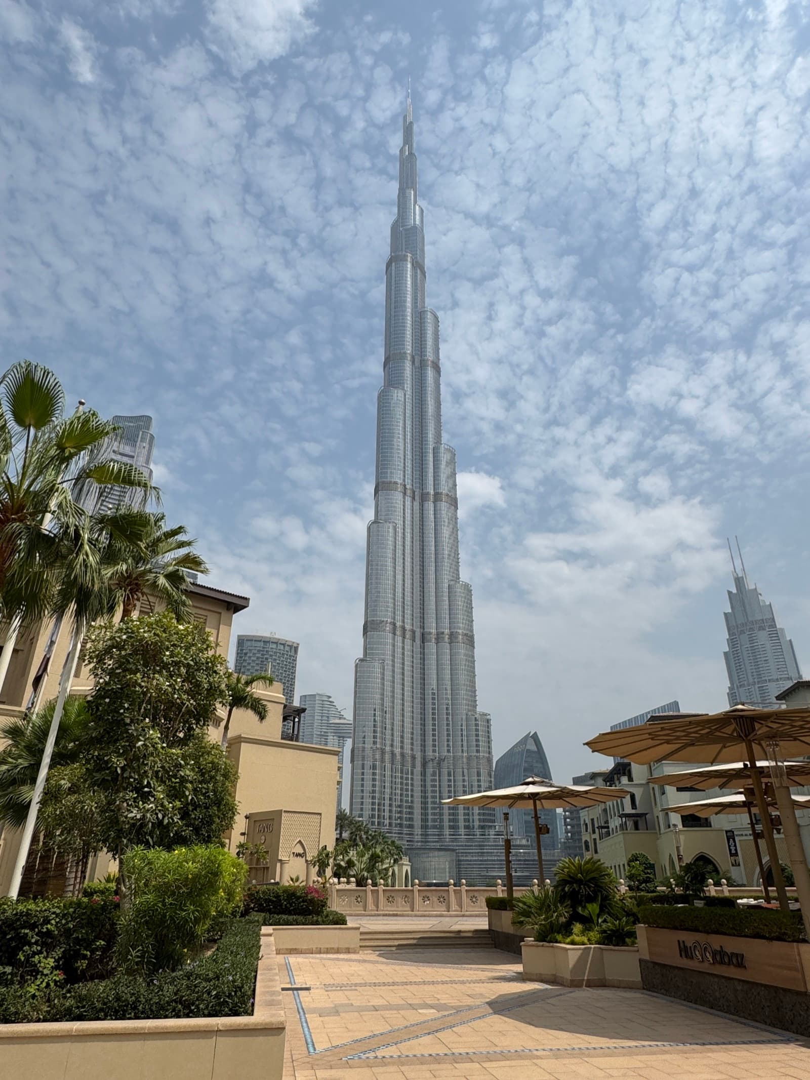Burj Khalifa rising above Downtown Dubai and its palm-lined walkways