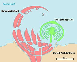 Historical Dubai Waterfront overall plan in red surrounding Palm Jebel Ali in green