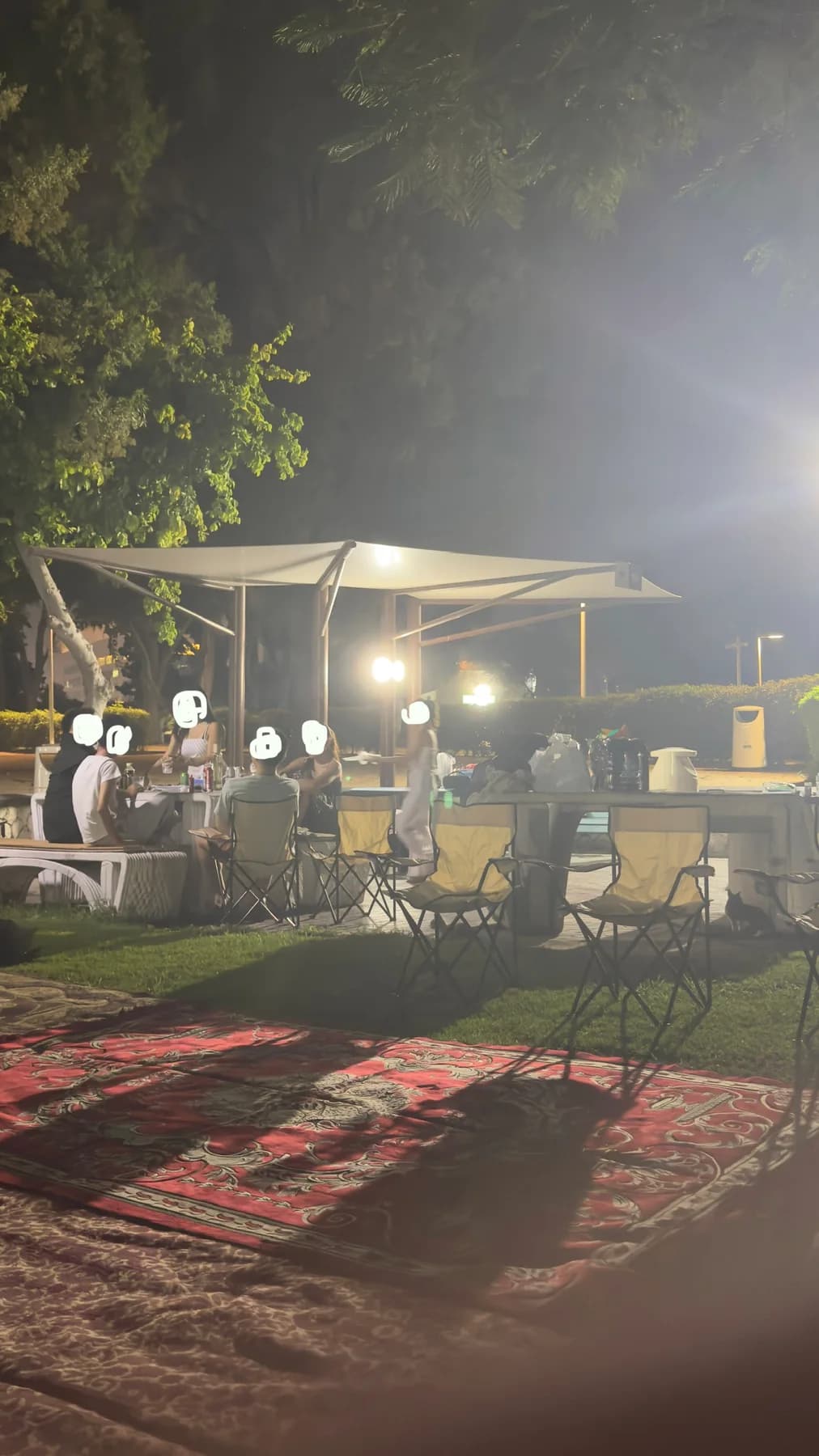 Our nighttime BBQ gathering beside the lawn at Creek Park, with chairs and a canopy
