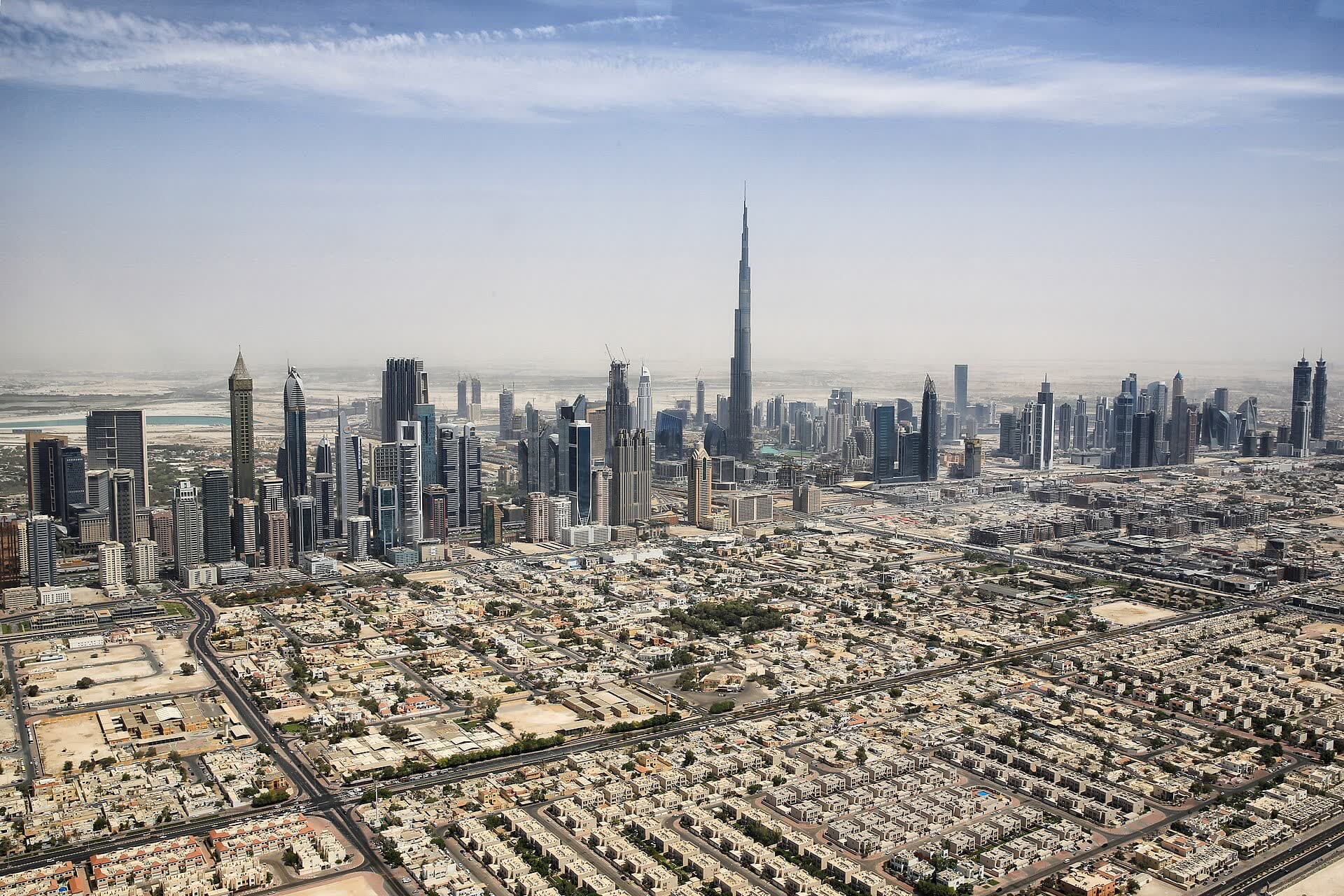Downtown Dubai's skyline, seen as a separate district from Creek Harbour.
