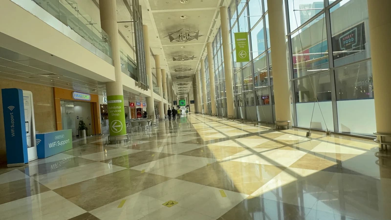 The sunlit Dubai World Trade Centre concourse on the day of my 2025 visit