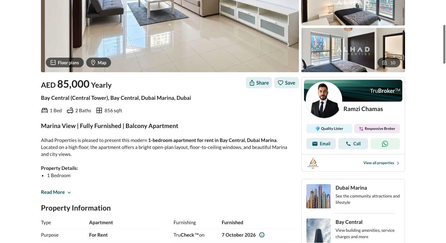 Bayut individual Bay Central listing showing the apartment details