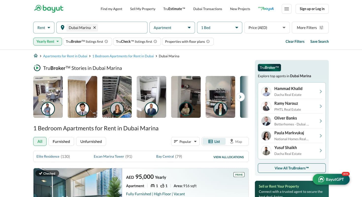 Bayut search with Dubai Marina, Apartment, 1 Bed and Yearly Rent selected