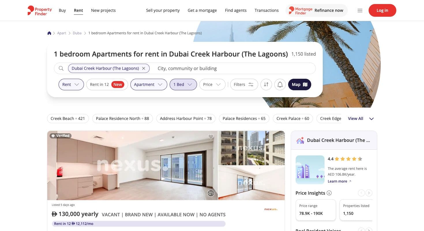 Property Finder one-bedroom apartment search for Dubai Creek Harbour (The Lagoons)