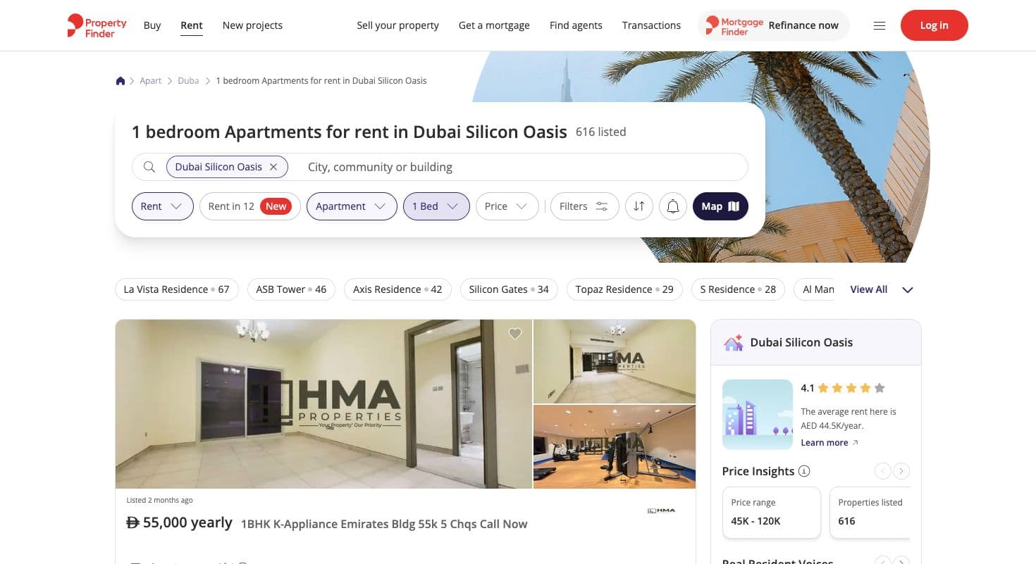 Property Finder one-bedroom apartment search for Dubai Silicon Oasis