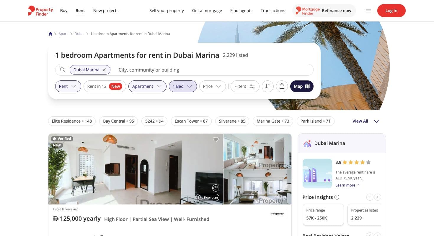 Property Finder one-bedroom apartment search for Dubai Marina